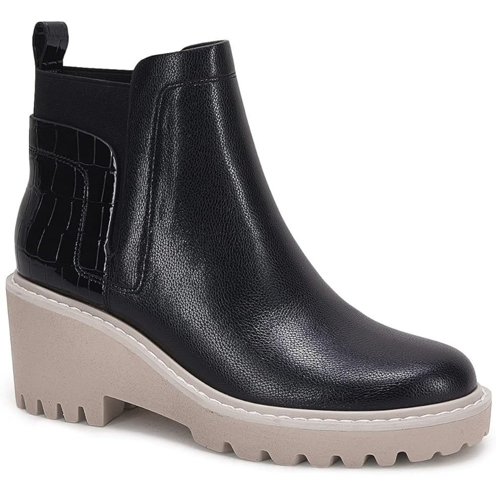 DV Dolce Vita Rancher Black Faux Leather Croc Embossed Platform Chelsea Boots 10